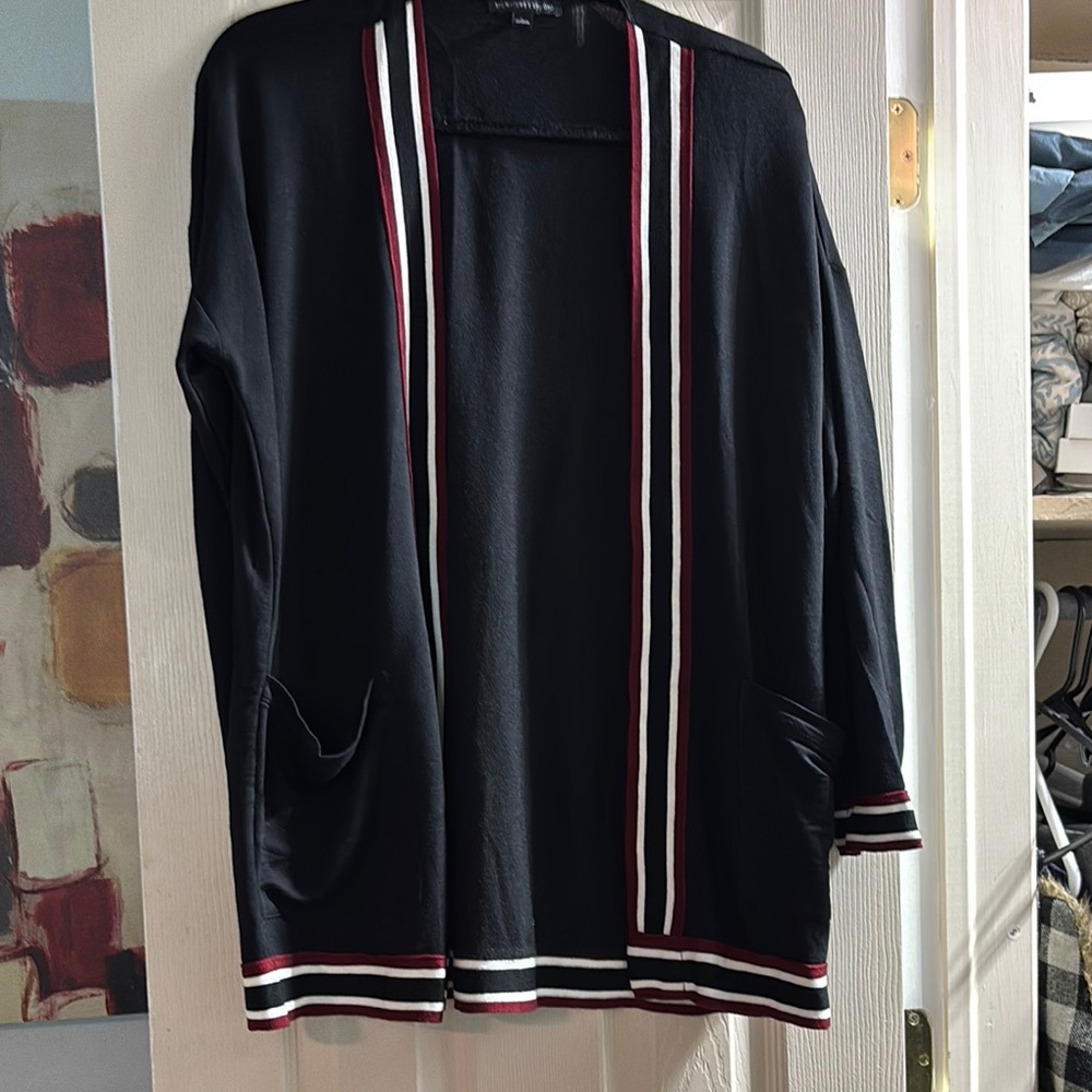 Signature Studio Black Cardigan with Red and White Accents